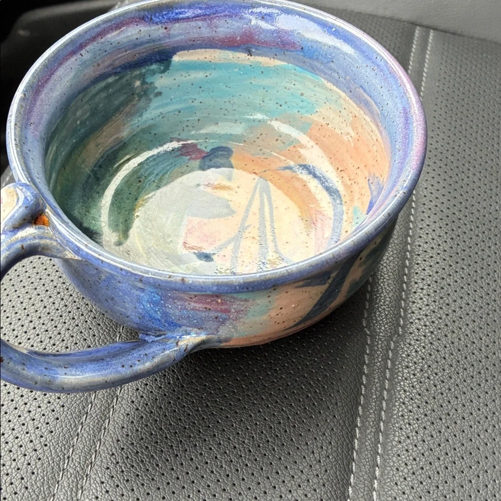 Handcrafted Multicolor Pottery Bowl with handle - Picture 2 of 5